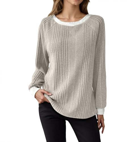 Damen Locker T-Shirt Langarm mit Raglanärmn Rundhals Einfarbige Fleece-Oberteil Weich bequem Langarm-Shirt für HerbstWinter Freizeit Tops bequem atmungsaktiv Tops, Beige-a., M