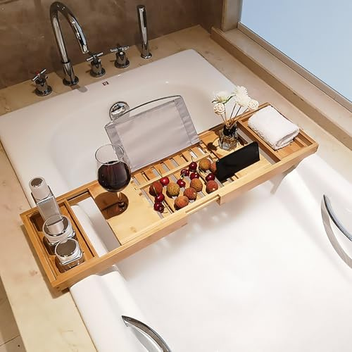 Bandeja Extensible De Bambú para BañEra,Estante Ajustable,Repisa con Portavasos Y Soporte para Libros,Alta Capacidad De Carga Y Antideslizante,Color Madera Natural