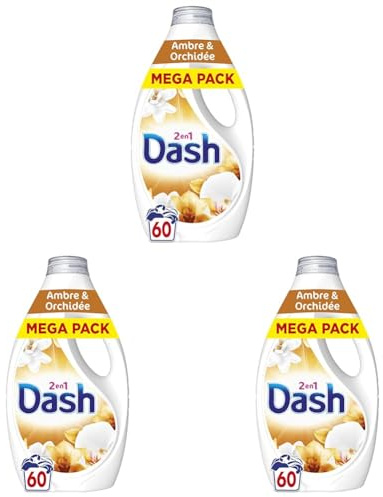 Dash 2en1 Lessive Liquide Ambre & Orchidée, 60 Lavages, 3 Semaines de Fraîcheur, Avec Lenor, Notes de Vanille et d'Ambre, Nettoyage en Profondeur, Marque Française Traditionnelle, Fabriquée à Amiens