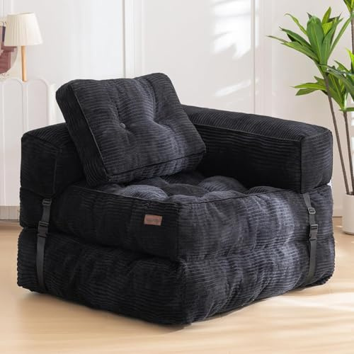 MAXYOYO Foldable Sofa Bed,Bean Bag Couch Convertible Sleeper Chair with Armrest L-Shaped Floor Lounge Sofa with Pillow Portable Lounge Seat for Bedroom & Living Room