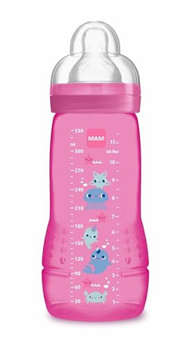 MAM Easy Active Baby Bottle, Easy-to-Grip Ergonomic Bottle, Large Learning Bottle, MAM No. 3 Silicone Teat and Leak-Proof Lid, 4+ Months, Pink, 330 ml