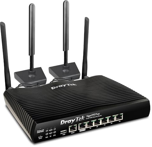 DrayTek Vigor V2927LAC Gigabit Ethernet Failover Router, 3G/4GLTE Embedded Sim Slots, AC Wireless, Dual-WAN Load Balancing, 50 VPN Connections, 5 GbE LAN Ports, Magnetic Base LTE Antenna's