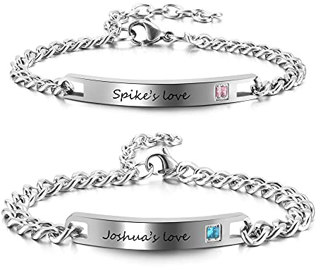 Zysta 2pcs Bracciali Coppia Personalizzato Nome Data Anniversario in Acciaio Inox Argento Unisex da Uomo Donna Regalo per Amore