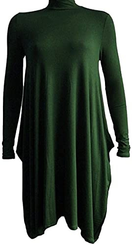 STAR FASHION Womens Ladies Polo Neck Hanky Hem Swing Dress Long Sleeve Flared Skater Turtle Roll Neck Oversize Lagenlook Baggy Loose Top Dresses | UK-8-26 Bottle Green