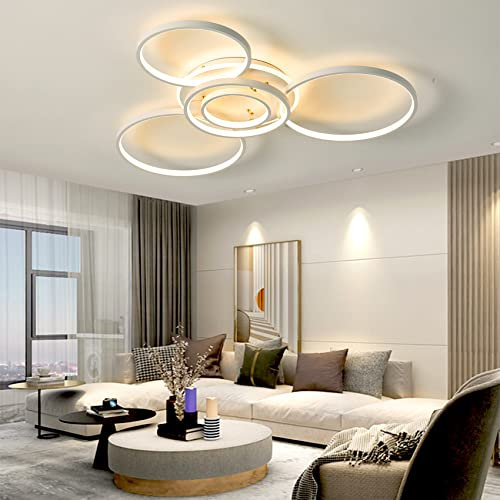 Deckenleuchten Dimmbare Wohnzimmerlampe mit Fernbedienung, 95cm, 6-Ring Deckenlampe 76W 7600LM Deckenleuchte aus Metall Modern-Design für Schlafzimmer, Küche, Esszimmer, Wohnzimmer (Weiß-95CM)
