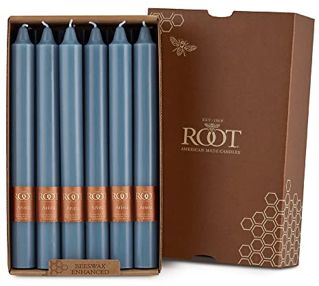 Root Candles Unscented Dinner Candles Premium Beeswax Blend Boxed Candle Set, 9-Inch, Williamsburg Blue, 12-Count