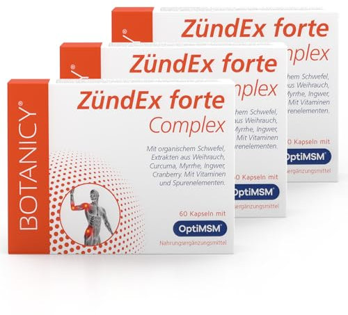 BOTANICY Zündex Forte Complex 3er Pack - OptiMSM Hochdosiert, Extrakt aus Boswellia Serrata Weihrauch, Curcuma, Myrrhe, Ingwer & Cranberry - Plus Vitamine & Spurenelemente - 180 MSM Kapseln