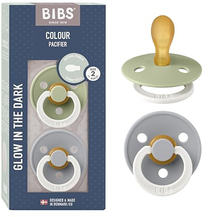 BIBS Colour Symmetrical Glow Soother 2-Pack, BPA Free Dummy Pacifier, Symmetrical Nipple. Natural Rubber Latex, Made in Denmark. Str. 2, Sage Glow/Cloud Glow