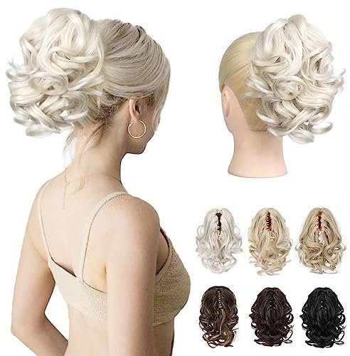 REECHO Pferdeschwanz Haarverlängerung, 23 cm Kurze lockige gewellte Haarklammer Haarteil Pferdeschwänze Haarverlängerungen Haarteile für Frauen Ponytail Extension - Platinblond