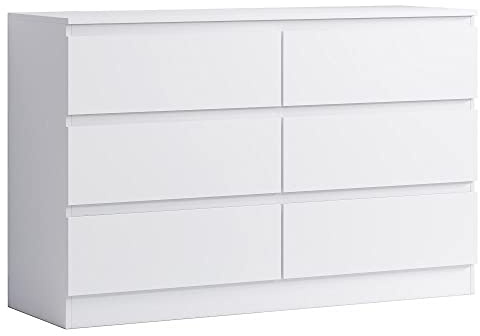 FWStyle Carlton 6 Drawer Chest in Matt White – Wide 3+3 Bedroom Storage Unit with Scratch-Resistant Finish – Modern Chest of Drawers for Bedroom, Living Room, or Home Office