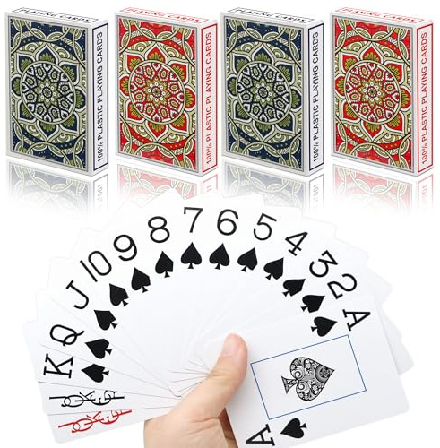 Metsyth Plastic Waterproof Playing Cards 4 Pack Poker Card Jumbo Large Print Playing Cards for Adults Seniors Bulk Decks of Cards Set Poker Cards