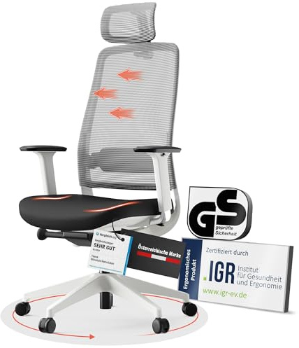 Yaasa Chair Expert Bürostuhl Ergonomisch mit Kopfstütze Weiß – Schreibtischstuhl mit Lordosenstütze, 4D-Armlehnen & Flex-Rückenlehne für seitliche Bewegung – Zertifizierte Qualität, 150kg