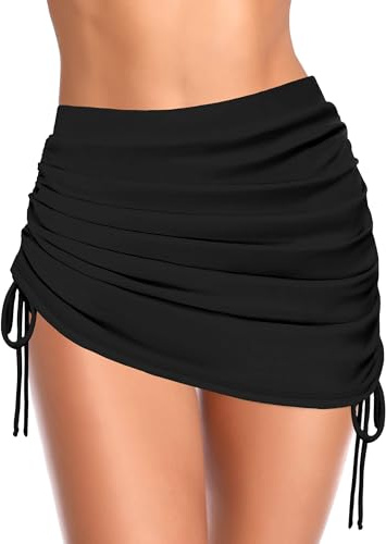 SHEKINI Womens Skirted Bikini Bottoms with Built-in Triangle Brief Drawstring Ruched Tie Side Black