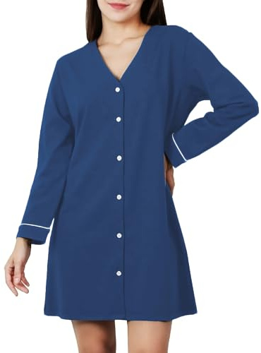 OCCIENTEC Chemise de Nuit pour Femme avec Bouton Robe de Nuit Femme en Coton Bleu Marine,L