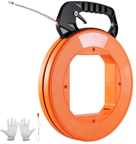 VEVOR Aiguille Électricien 30,5 m Tire Fils Électrique en PET avec Boîtier, Poignée, Outil d'Extraction de Câble Flexible 6,35 mm, Facile à Utiliser, pour Murs, Conduits Électriques, Non Conducteur