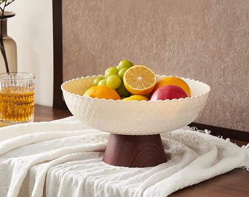 Uwenkjie Fruit Bowl, Imitation Wood Grain Decorative Base Bowl, Fruit Tray with high Base Bracket, Suitable for Kitchen Bread, Snacks, fruitsetc.White