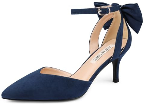 Joy in Love Women's Pumps Kitten Bow Heels Closed Pointed Toe Sandals Ankle Strap Dress Shoes, Navy Suede, 8 UK