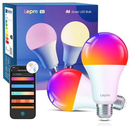 Lepro B3 AI Lampadina Smart E27, 1521LM RGB&Luce Bianca Regolabile, Progettista Illuminazione AI Personalizzato, Funziona con Alexa/Google Assistant, Connessione Wi-Fi e Bluetooth, Sync Musicale, 2pcs