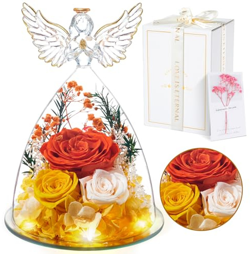 Touloube Evig ros evig ros i ängel glaskupol med en vacker presentförpackning | konserverade blommor handgjord infinity ros för kvinnor flickvän mor, orange