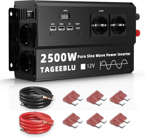 TAGEEBLU 2500W inversor 12v 220v Onda Pura, inversor 12v a 220v con 4 AC Tomas, Pantalla LCD, Type C 30W, Carga rápida USB 25W, 3 Puertos USB
