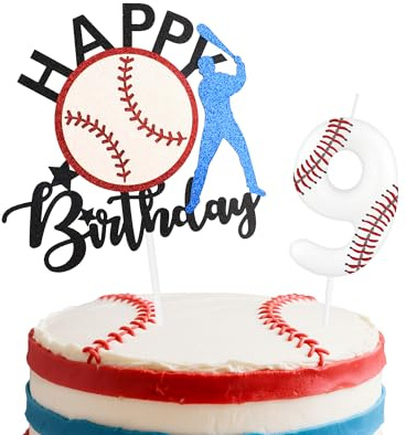 iNINGER Baseball 9th Birthday Candles Set,White Number 9 Candle for Cake,Boys 9th Birthday Decorations,Baseball Decorations Cake Toppers for Boys Kit Ball Game Themed Party Supplies