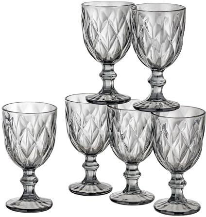 Baroni Home Set 6 pz Calici Diamante in Vetro Decorati con Rifiniture a Forma di Rombo in Rilievo da 25 CL, Lavabili in Lavastoviglie, 8x8x15 Fumè