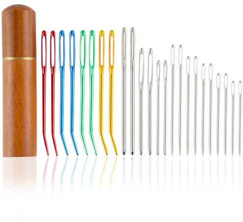 RUISPEED Juego de 24 Agujas para Coser de Ojo Grande – Acero Inoxidable: Agujas de Tapicería Curvadas, Agujas de Remiendo de Punta Redonda, Agujas de Tejer Afiladas con Estuche de Madera, Ideal para