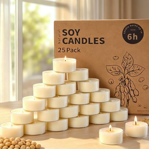 25 velas de té de 6 horas de cera de soja 100% natural, sin olor, sin parafina, no tóxicas, veganas, en taza transparente