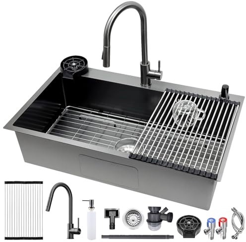 AIVANOTO Diskbänk grå-svart 80 x 50 cm i rostfritt stål – med utdragbar kran, stor dropphylla, glasspruta, tvåldispenser, sifon och dräneringssats – inbyggd/inbyggd diskbänk