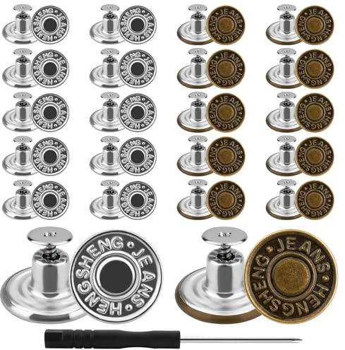 Hosen Ersatz Knöpfe 17mm, 40 Stück Verstellbare Jeansknöpfe aus Metall (Ohne Nähen),Mit Schraubendreher für Einfache DIY Reparatur,Macht Jeans Hosen, Jacken und mehr