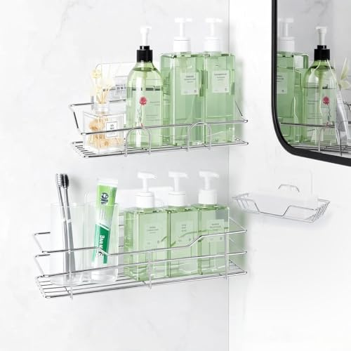 VirtuGro Set di 3 Mensola Doccia Senza Foratura + Porta Sapone per Doccia Adesiva Mensole Bagno Senza Foratura Acciaio Inossidabile 304 Organizer Bagno Portaoggetti per Bagni Cucine Lavanderie