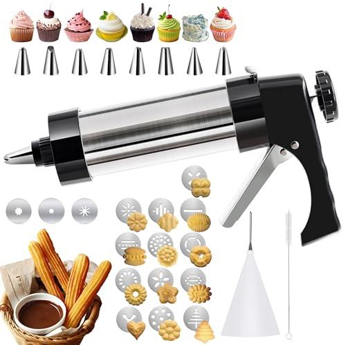 CEANZO Cookie Maker, Churros Maker, Spritz Cookies Press Gun 3 in 1 for Baking with 13 Cookie Discs, 3 Churros Discs and 8 Piping Tips Stainless Steel Easy Clean Cookies Decorating Kit for Christmas