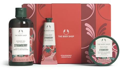 The Body Shop Strawberry, 3P Essentials Gift Set Body Care | (Worth £29.5) Shower Gel 250ml, Body Yogurt 200ml and Hand Cream 30ml, Fruity Body Care Set, Skincare Gift Pack