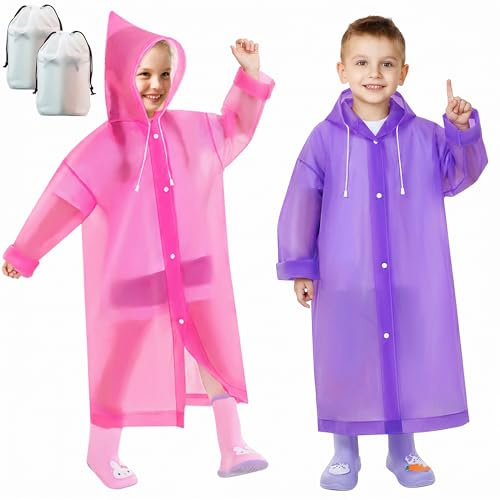 Domueay Rain Poncho Kids 2 Pack Waterproof Reusable EVA Coat With Hood for Girls Boys Lightweight Foldable Breathable Unisex Jacket for Outdoor Camping Travel