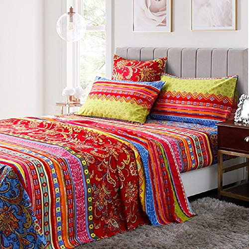 Lanqinglv Bohemian Spannbettlaken Bettlaken 120g/m² Indisch Mandala Mikrofaser Jersey Rot Blau Boxspringbett Spannbetttuch 90 x 200 cm bis 25-30 cm Steghöhe