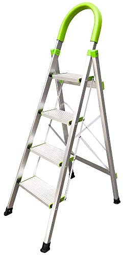 StepIt Premium 4 Step Ladder - Folding Aluminium Step Ladder with Deep Anti-Slip Steps | Lightweight Portable Small Ladder for Home & Kitchen | Soft Rubber Hand Grip, 150kg Capacity