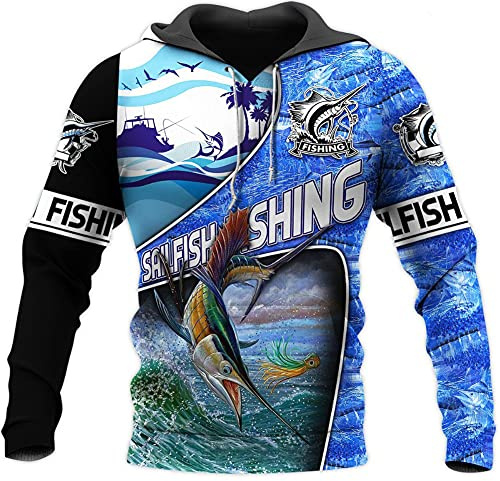 BBYOUTH Coloridas Camisas de Pesca de Bajo 3D Sudadera Manga Larga Jersey con Cordón Unisex con Bolsillo de Canguro,Sailfish Fishing,L