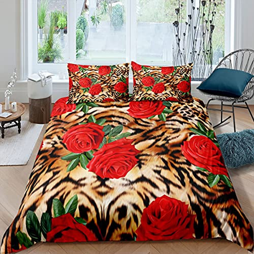 3D Rose Bedding Set for Girls Boys Child Rose Floral Bedding & Linen Leopard Cheetahative Duvet Cover Romantic Flowers Bedding & Linen King Size 3Pcs
