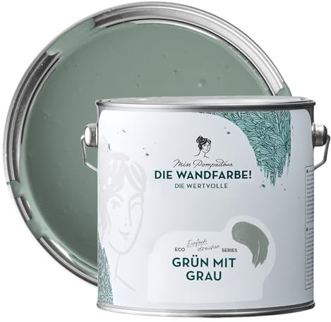 MissPompadour edelmatte Wandfarbe Grün mit Grau 2,5L - sehr hohe Deckkraft - geruchsneutrale, spritzfreie Farbe - atmungsaktive, wasserbasierte Innenfarbe/Deckenfarbe - Die Wertvolle