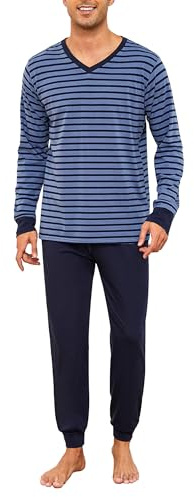 Bresdk Pijama Hombre Manga Larga Escote V Rayas Pantalón Jogger | Tejido suave con algodón, camiseta de rayas con cuello en V y pantalón jogger con cintura de cordón y bolsillos