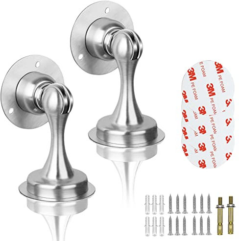 TOKPLNU Magnetic Door Stopper, 2Pack Stainless Steel Magnetic Door Stop Holder Floor Wall Mounted Outdoor Magnet Door Stoppers Catch No Drill Doorstop with Self Adhesive Tape, Hold Door Open