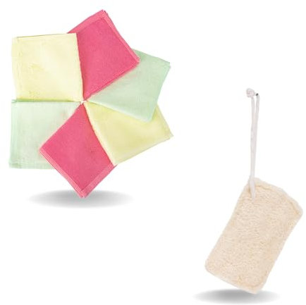 Ko&Pro 100% Bambus Tücher 6er Set 25x25 cm + 1x Luffaschwamm | Mehrzweck-Reinigungstücher für Hochglanz-Küchen, Bad, Haushalt, Küche & Streifenfreie Fenster + DIY-Rezeptesammlung