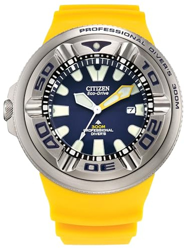 Citizen Eco-Drive Promaster - Reloj de buceo para hombre, acero inoxidable, correa de poliuretano amarillo, esfera azul, plata y azul