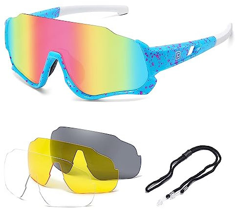 DUCO Polarisierte Kinder Sonnenbrille Jugend Baseball Sonnenbrille Sport Teens Radfahren Sonnenbrillen Jungen Mädchen mit 3 Linsen DK280 (Blau Rahmen Weiß Bügel Rosa Farbig Linse)