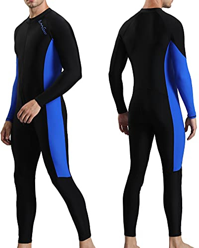 OMGear Thin Wetsuits for Men Dive Skins Full Swimwear Spandex Second Skin Long Sleeve Rash Guard UV Protection Suit for Swimming Kayaking Surfing Snorkeling Bodyboarding(Blue,L)