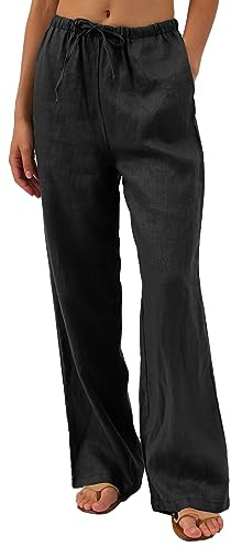 Amazhiyu Womens 100% Linen Wide Leg Pants, Loose Fit Trouser with Pockets Black M
