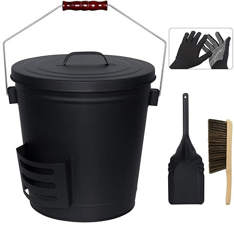 BRIAN & DANY Cubo Cenizas con Tapa, 20L Cubo para Cenizas de Chimenea con Pala y Escoba