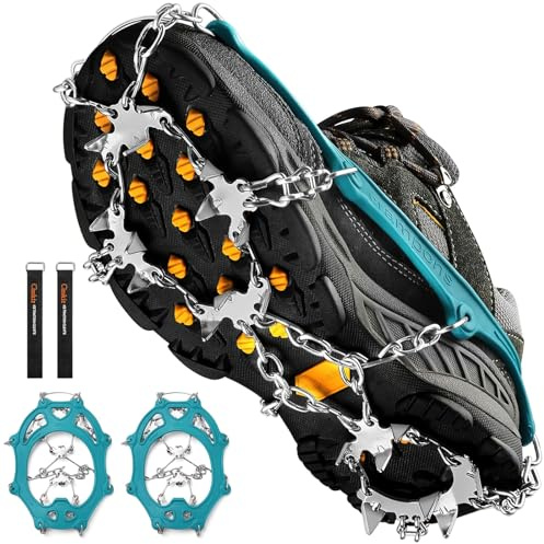 Grödel Steigeisen für Bergschuhe mit 19 Zähne Verdickte Schuhkrallen aus Edelstahl Anti-Rutsch Schuhspikes für Mann Frau Erwachsene Kinder Fit für Wandern Trail Running Trekking(Teal, M)