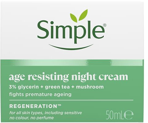 Simple Regeneration Age Resisting Night Cream with 3% Glycerin, Green Tea and Mushroom Extract Moisturiser for Overnight Skin Rejuvenation 50 ml