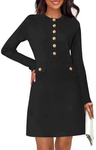 MEROKEETY Women's Fall 2025 Long Sleeve Bodycon Sweater Dress Button Crew Neck Winter Formal Mini Dresses, Black, X-Large